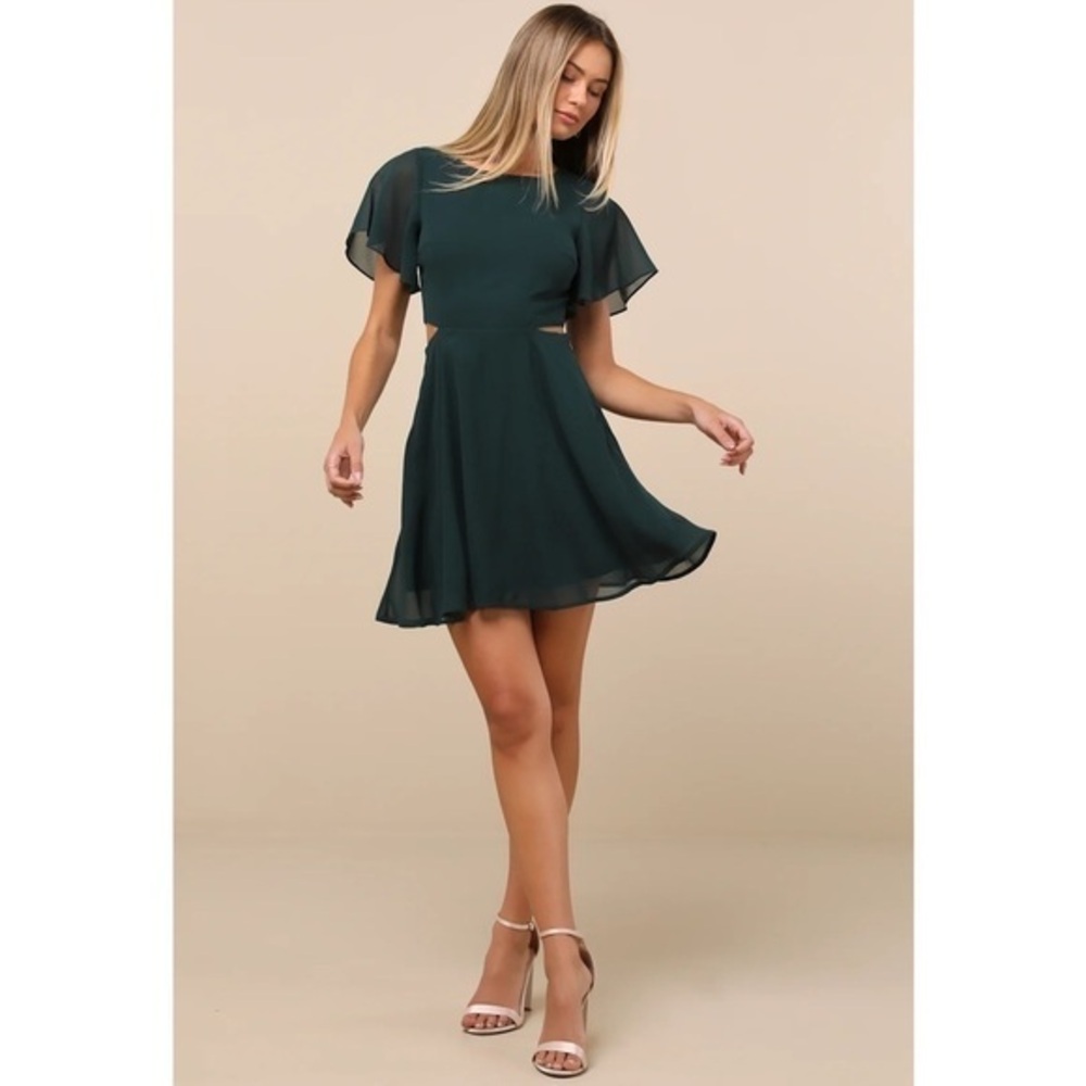 NWT Lulu’s Blissful Love Dark Green Cutout Mini Skater Small Flirty Whimsy Glam